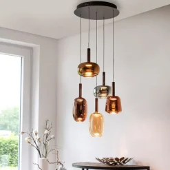 Paul Neuhaus Pendelleuchte schwarz mit mehrfarbigem Glas rund inkl. LED 6-flammig Easylift - Irides