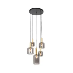 QAZQA Schicke Hängelampe Schwarz mit Gold mit Rauchglas inkl. 5 WiFi A60 - Zuzanna