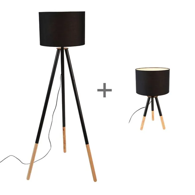 QAZQA Set aus schwarzer Tischleuchte und Stehleuchte mit Schirm - Pip