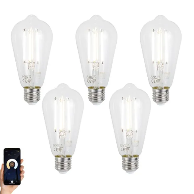 LUUMR Set mit 5 Smart Dimmbare LED Glühbirnen E27 ST64 Klar 7W 806lm 2700-6500K