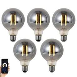 LUUMR Set mit 5 Smart Dimmbare LED-Glühbirnen E27 G95 Rauchglas 4,9 W 150 lm 1800 K