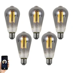 LUUMR Set mit 5 Smart Dimmbare LED-Glühbirnen E27 ST64 Rauchglas 4,9 W 150 lm 1800 K