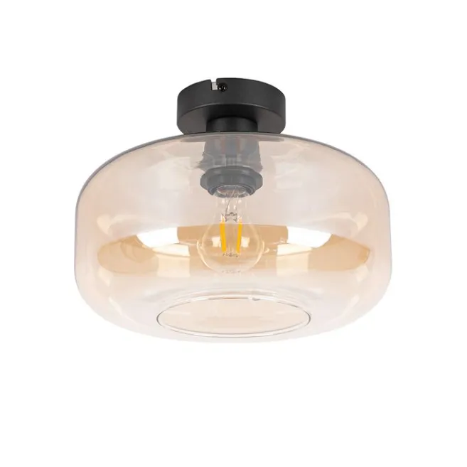 QAZQA Smart Ceiling Lamp Black with Amber Glass incl. Wifi A60 - Bizle