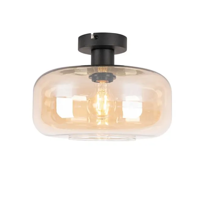 QAZQA Smart Ceiling Lamp Black with Amber Glass incl. Wifi A60 - Bizle