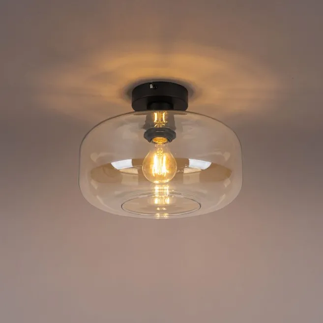 QAZQA Smart Ceiling Lamp Black with Amber Glass incl. Wifi A60 - Bizle