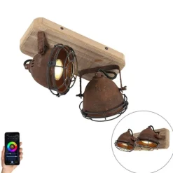 QAZQA Smart Spot Rostbraun mit Holz inkl. 2 WiFi GU10 - Gina