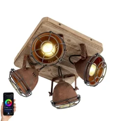 QAZQA Smart Spot Rostbraun mit Holz inkl. 4 WiFi GU10 - Gina