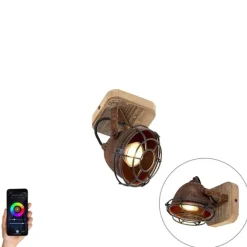 QAZQA Smart Spot Rostbraun mit Holz neigbar inkl. Wifi GU10 - Gina