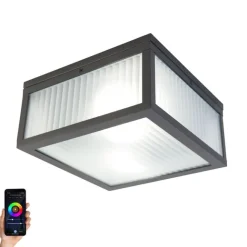 QAZQA Smarte Außendeckenleuchte schwarz mit geripptem Glas inkl. WLAN A60 - Charlois