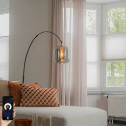 QAZQA Smarte Bogen Stehlampe Schwarz mit Gold und Rauchglas inkl. WiFi G95 - Zuzanna
