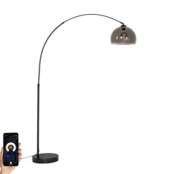QAZQA Smarte Bogen Stehlampe Schwarz mit Rauchglas inkl. WiFi G95 - Arc
