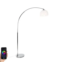 QAZQA Smarte Bogenlampe Chrom mit weißem Schirm inkl. Wifi A60 - Arc Basic
