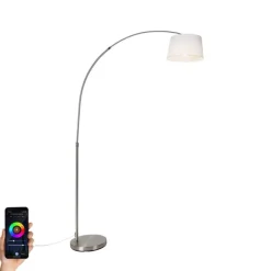 QAZQA Smarte Bogenlampe Stahl mit weißem Stoffschirm inkl. Wifi A60 - Arc Basic