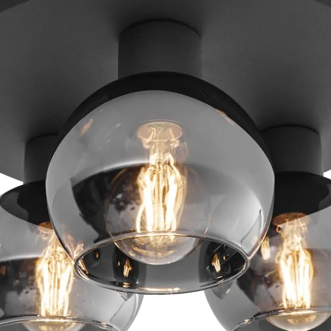 QAZQA Smarte Deckenleuchte Schwarz mit Rauchglas 3-flammig inkl. WiFi A60 - Vidro