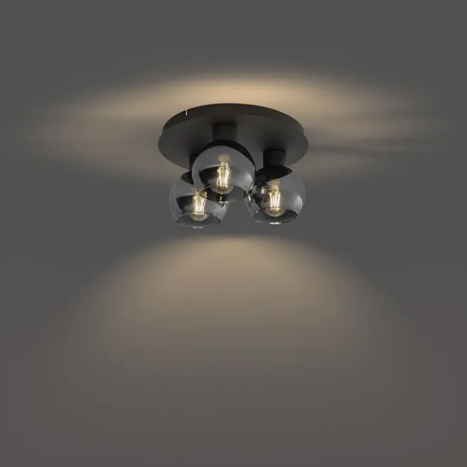 QAZQA Smarte Deckenleuchte Schwarz mit Rauchglas 3-flammig inkl. WiFi A60 - Vidro