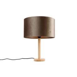 QAZQA Tischleuchte Holz mit Samtschirm Taupe 35cm - Mels
