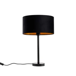 QAZQA Tischleuchte Schwarz mit ovalem Samt-Schirm Schwarz 35cm - Simplo