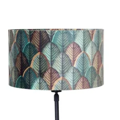 QAZQA Tischleuchte Schwarz mit Samtlampenschirm Blattdesign und goldener Innenseite - Parte