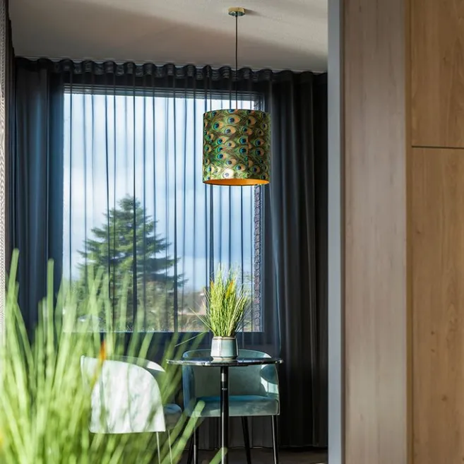 QAZQA Velour Lampenschirm Pfau Design 40/40/40 mit goldenem Interieur
