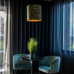 QAZQA Velour Lampenschirm Pfau Design 40/40/40 mit goldenem Interieur