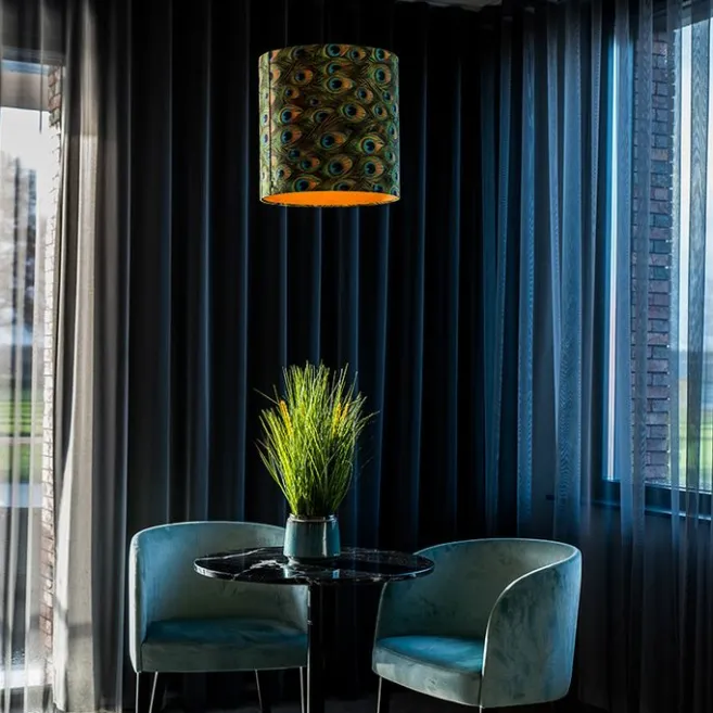 QAZQA Velour Lampenschirm Pfau Design 40/40/40 mit goldenem Interieur