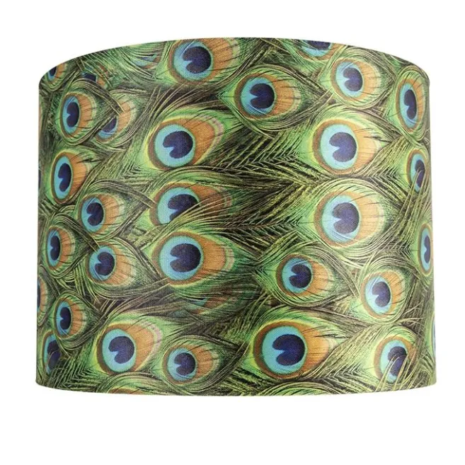 QAZQA Velours-Lampenschirm im Pfauendesign 40/40/30 mit goldener Innenseite