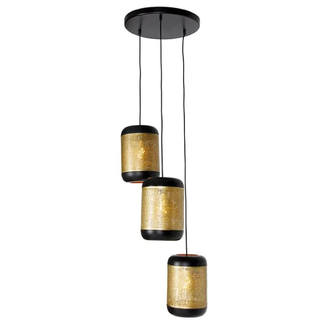 QAZQA Vintage Hängelampe schwarz mit Messing rund 3-flammig - Kayleigh