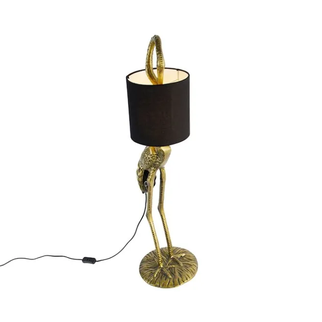 QAZQA Vintage Stehlampe Messing Stoffschirm schwarz - Kranichvogel