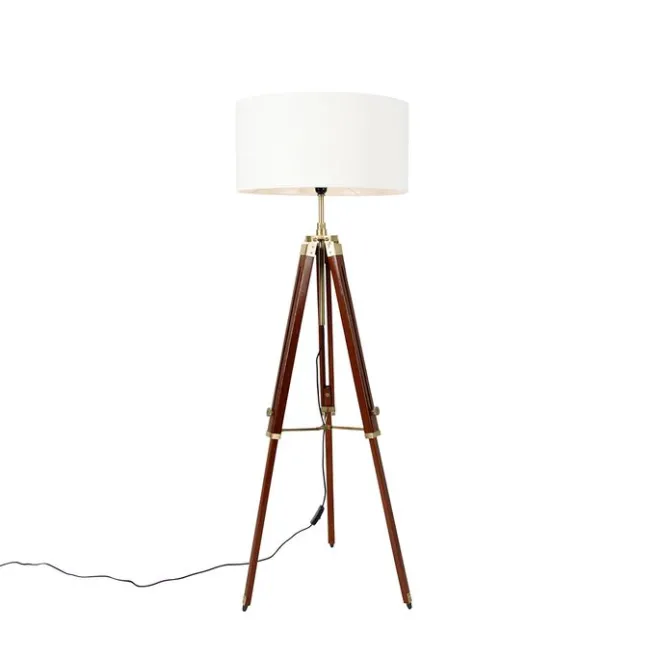 QAZQA Vintage Stehlampe Messing mit Schirm weiß 50 cm Dreibein - Cortin