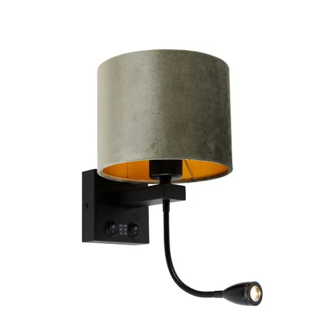 QAZQA Wandleuchte Schwarz mit grünem Samt-Schirm 18cm - Brescia