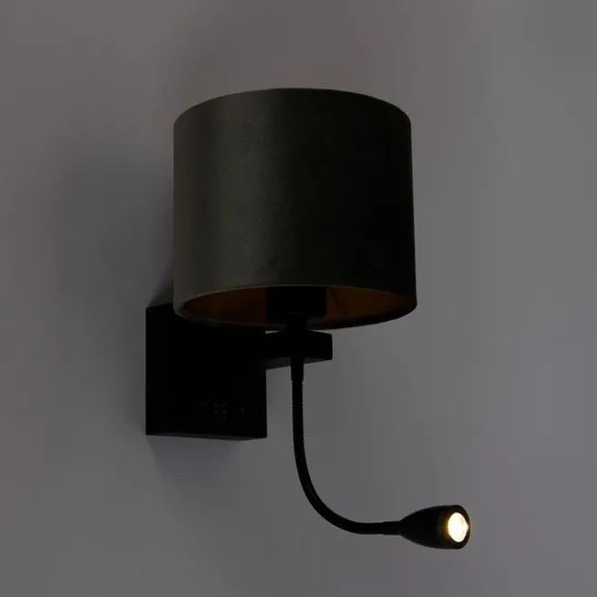 QAZQA Wandleuchte Schwarz mit grünem Samt-Schirm 18cm - Brescia