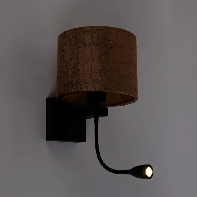 QAZQA Wandleuchte Schwarz mit Samt-Schirm Krokodil-Design 18cm - Brescia