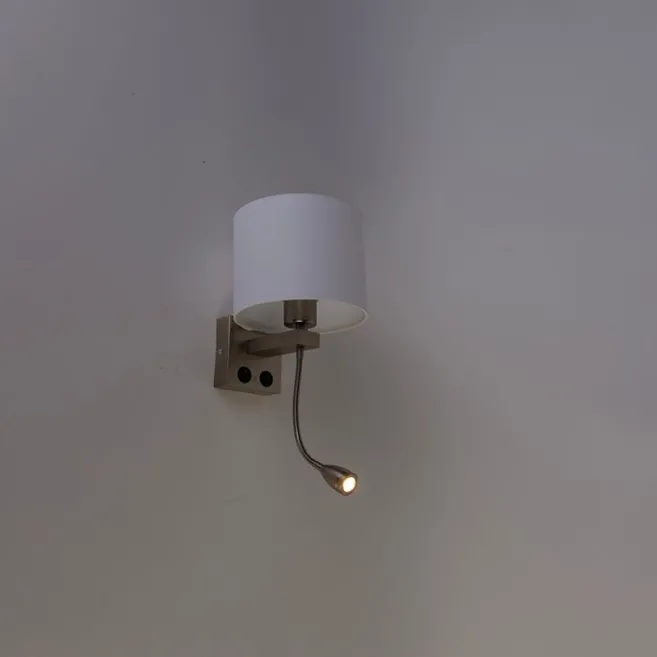 QAZQA Wandleuchte Stahl mit Flexarm und Schirm weiß 18 cm - Brescia Combi