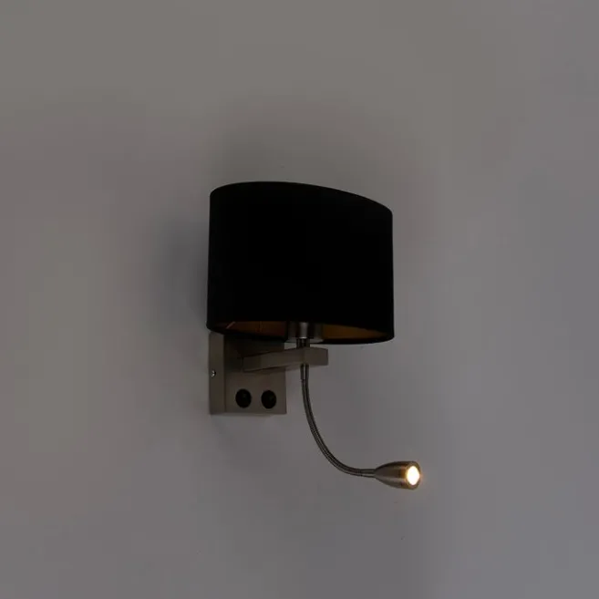 QAZQA Wandleuchte Stahl mit ovalem Samtschirm schwarz 25cm - Brescia Combi