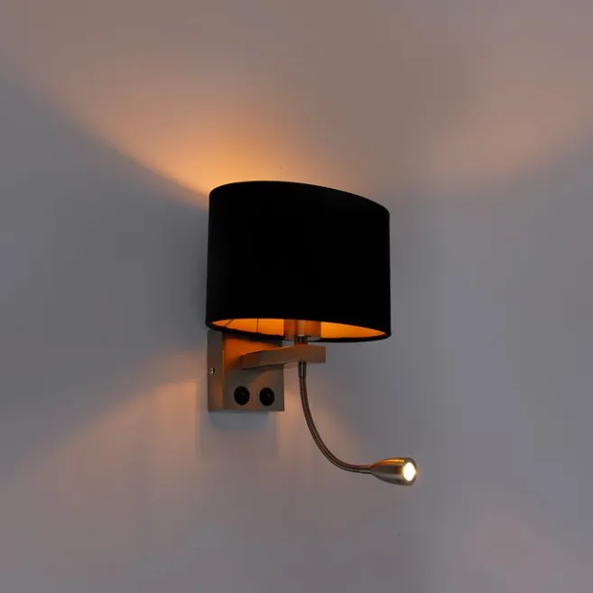 QAZQA Wandleuchte Stahl mit ovalem Samtschirm schwarz 25cm - Brescia Combi